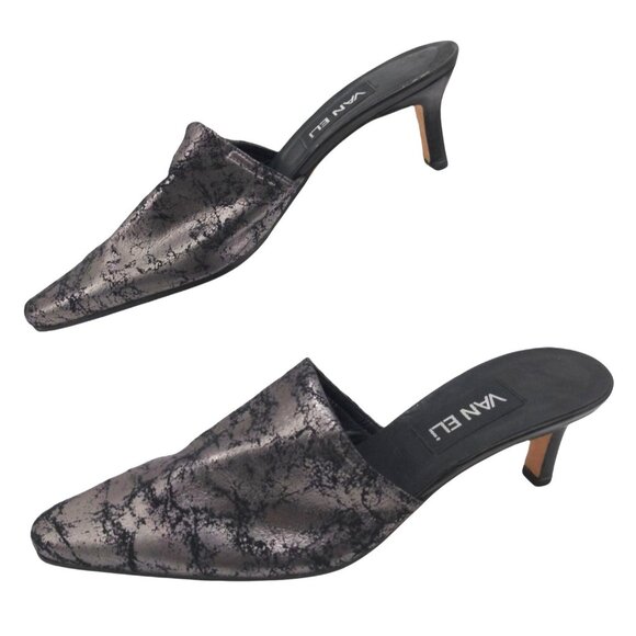 Van Eli Heeled Mules Womens 8 Narrow Silver Black Distressed Career Night Out - Picture 1 of 7